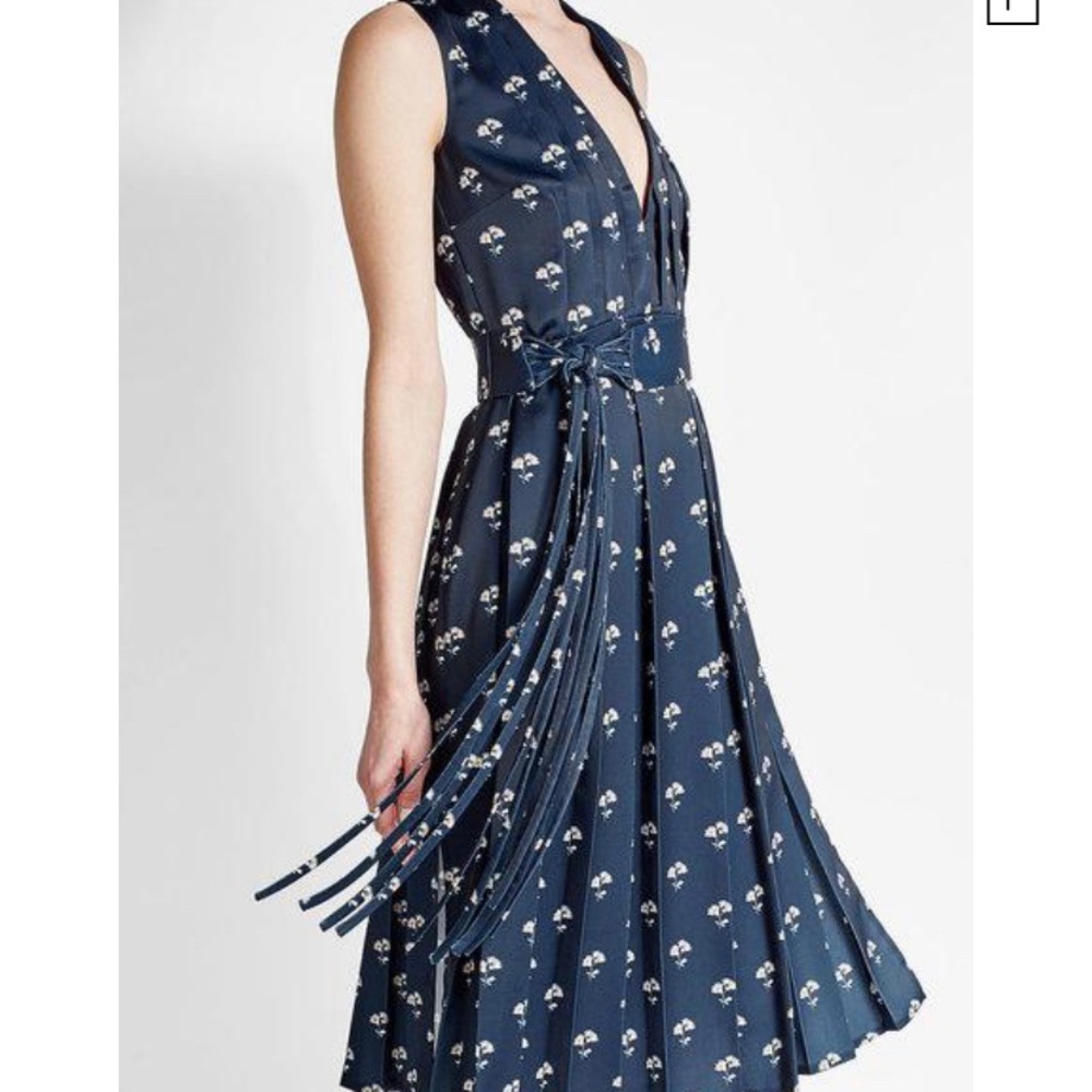 Victoria Beckham Navy Floral Pleated Midi Dress